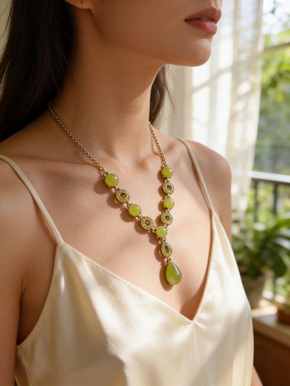 vintage liz claiborne gold tone and faux jade adjustable necklace